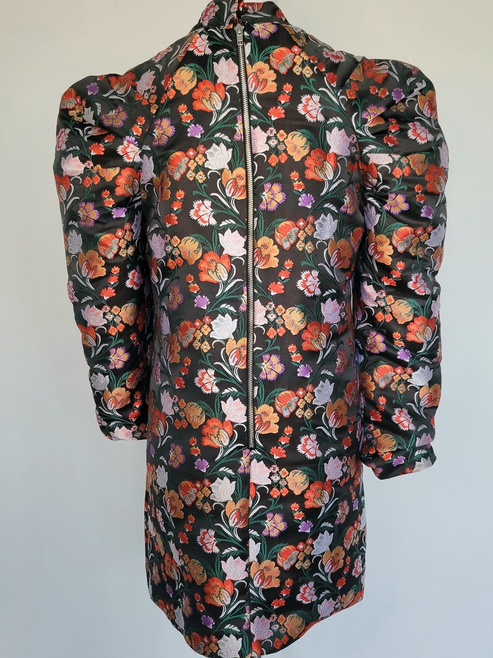 NWT LOST INK Black Orange Jacquard Floral Long Puff-Sleeve Sheath Dress Sz Small - Picture 10 of 15